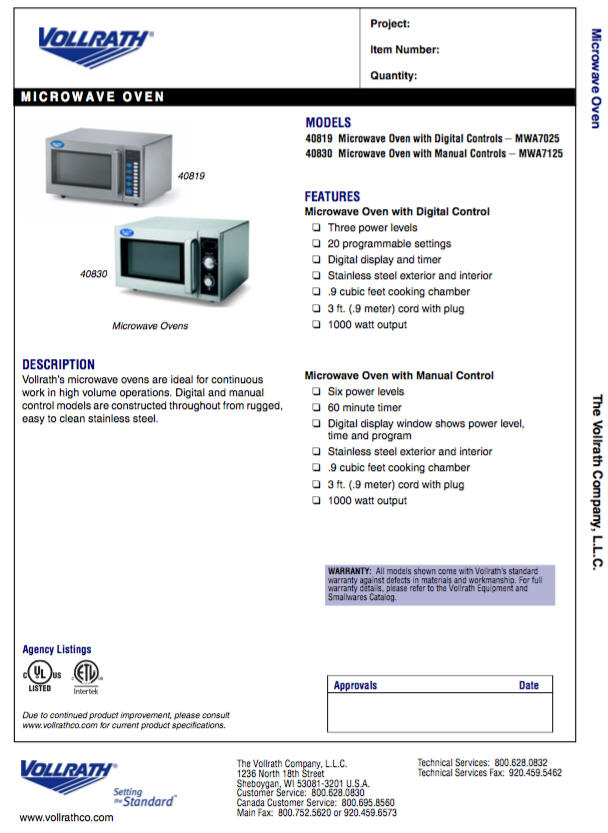 Vollrath 40830 - Microwave Oven Manual Control